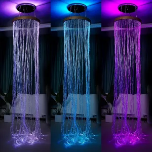 Round Fiber Optic Curtain Rings with Wooden Base, Multi-Color Changing Waterfall Lamp Perfect for Home Decor, School, Clinic and Dark Sensory Room - Ideal for Kids