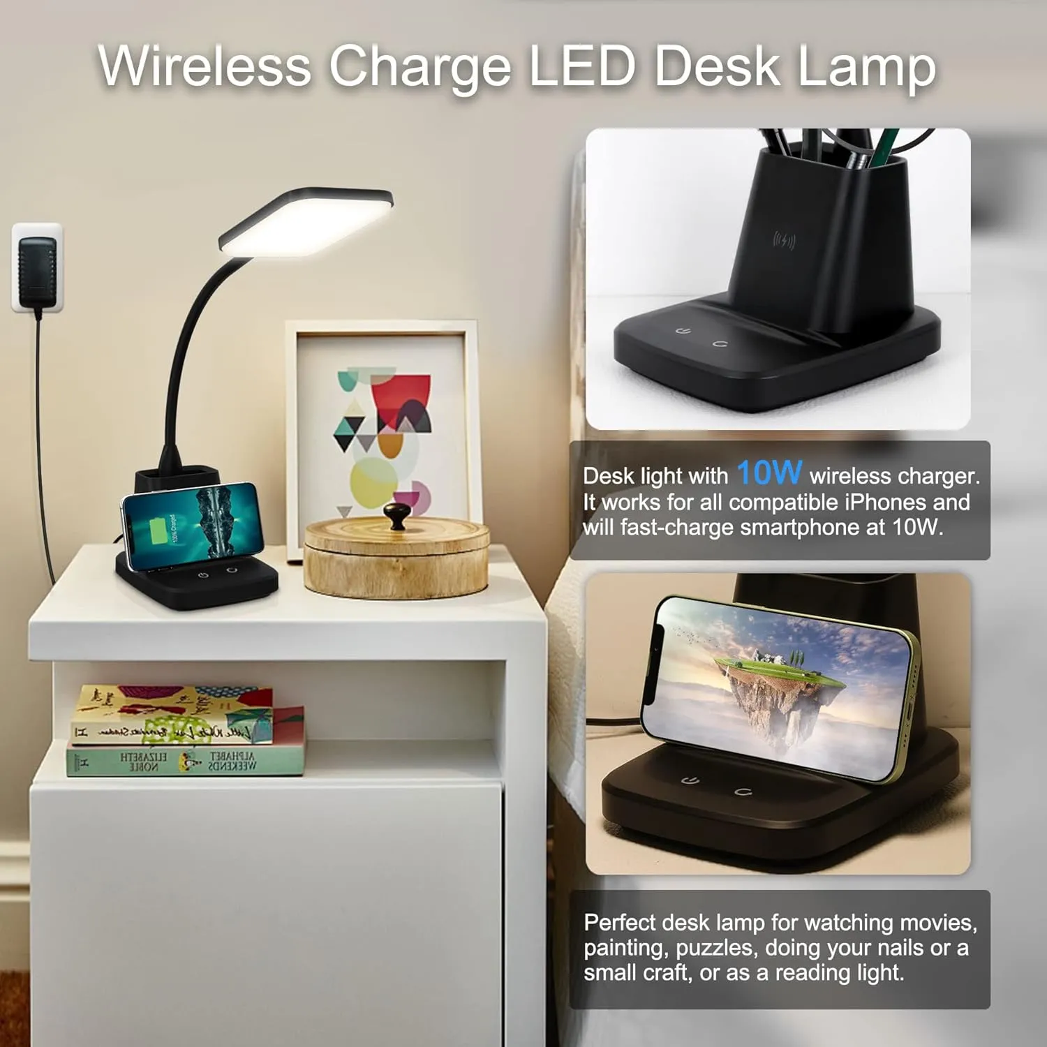 Sailstar Desk Lamp, LED Desk Lamps for Home Office, Wireless Charger Small Desk Lamp with Pen Holder, 3 Color Modes, Dimmable, CRI 85, 800LM, Study Lamps for College Dorm Room, Adapter Included, Black