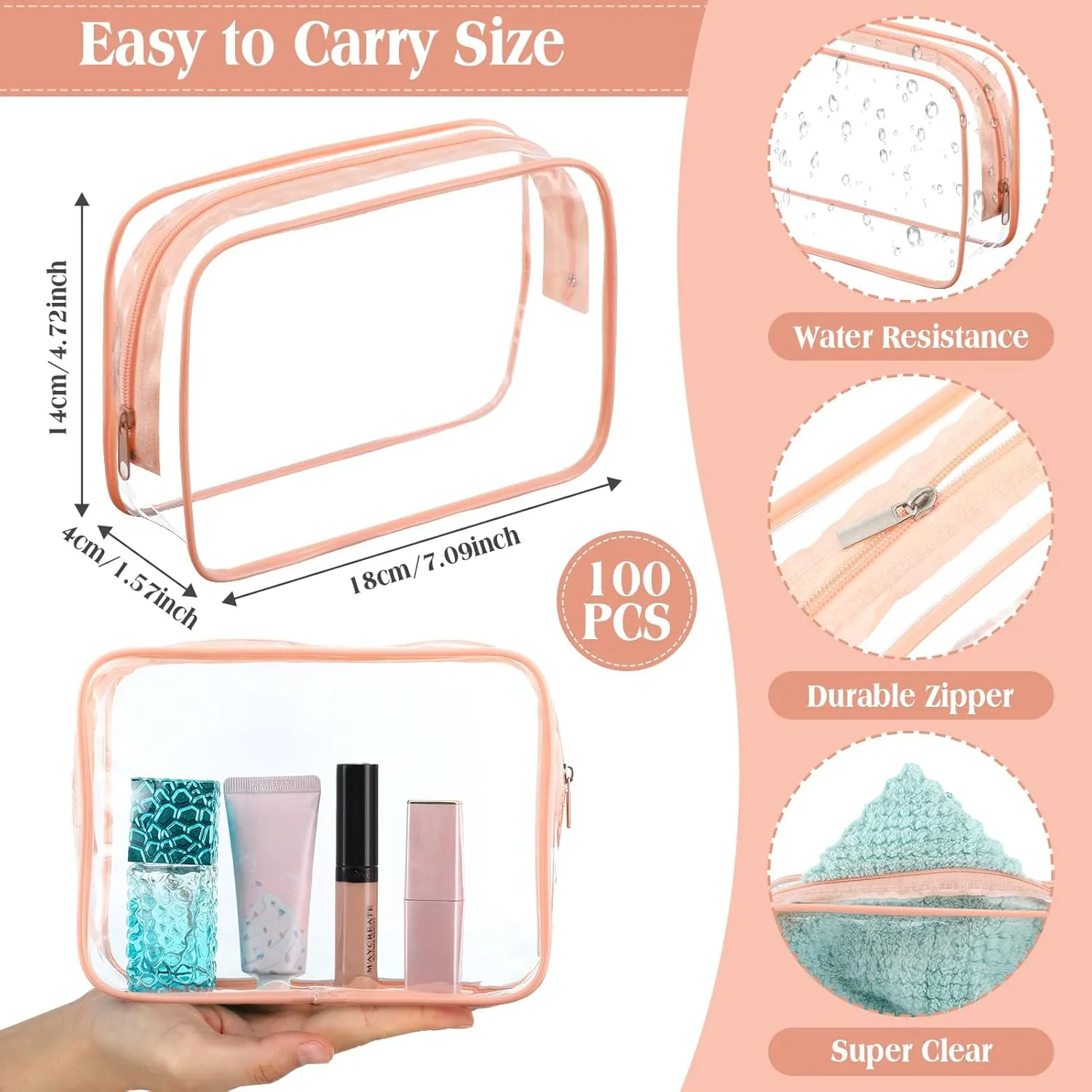 Sanwuta 100 Pcs Clear Makeup Bags Bulk Tsa Approved Toiletry Bag for Travel Transparent Cosmetic Bag PVC Waterproof Travel Small Pouches with Zipper for Men and Women(Pink)