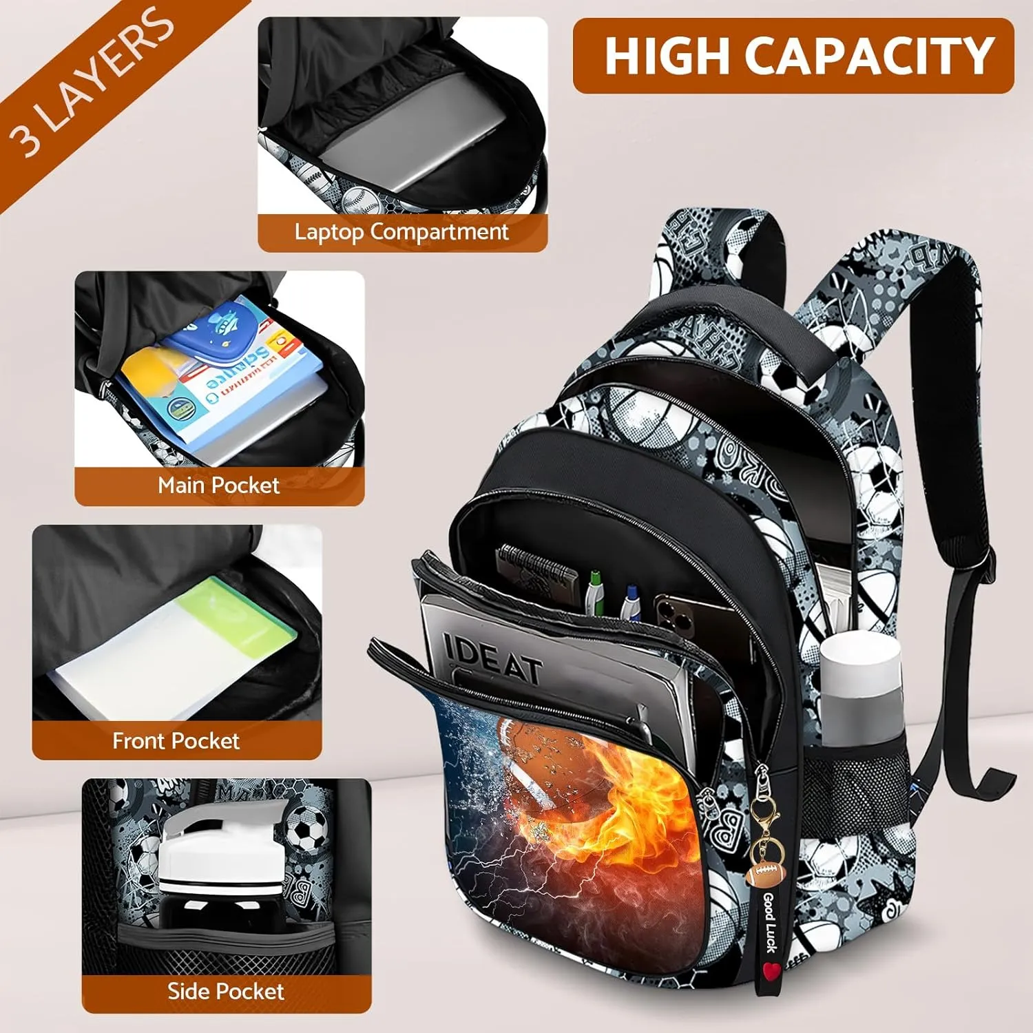 School Backpack for Boys - 4pcs American Football Boys Backpack with Lunch Box Set for Kids Children Teens Elementary Middle School - 17″ Sport Bookbag Travel Back Pack for Age 6-18