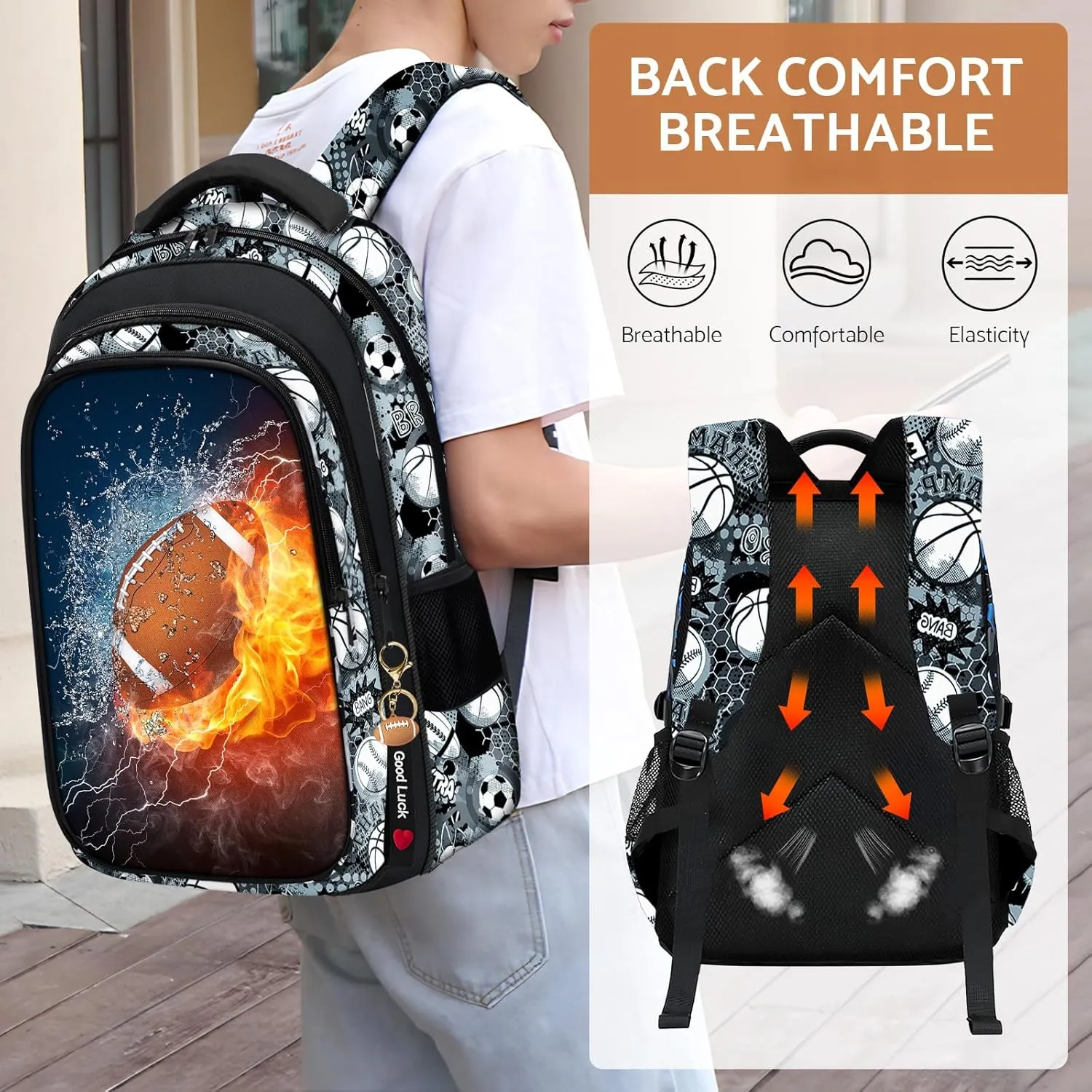 School Backpack for Boys - 4pcs American Football Boys Backpack with Lunch Box Set for Kids Children Teens Elementary Middle School - 17″ Sport Bookbag Travel Back Pack for Age 6-18