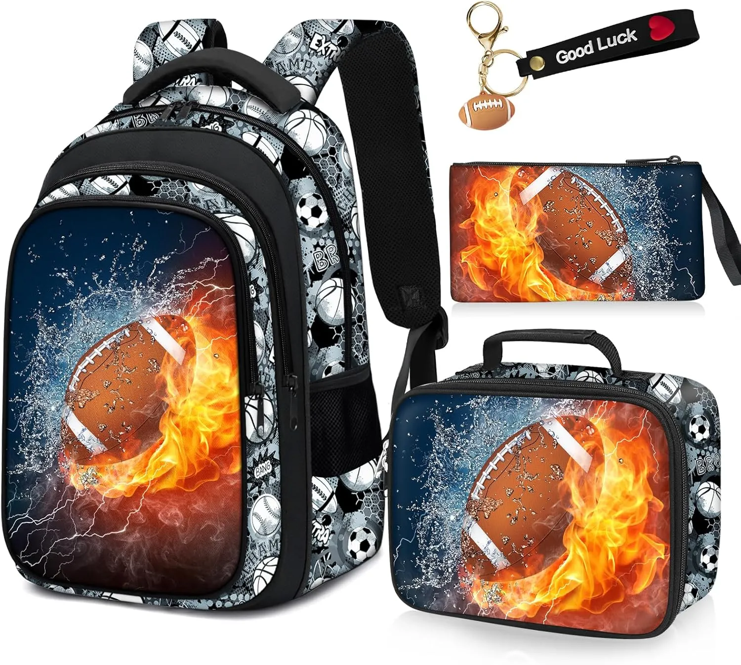 School Backpack for Boys - 4pcs American Football Boys Backpack with Lunch Box Set for Kids Children Teens Elementary Middle School - 17″ Sport Bookbag Travel Back Pack for Age 6-18