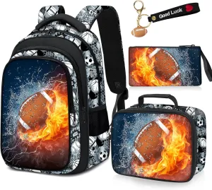 School Backpack for Boys - 4pcs American Football Boys Backpack with Lunch Box Set for Kids Children Teens Elementary Middle School - 17″ Sport Bookbag Travel Back Pack for Age 6-18