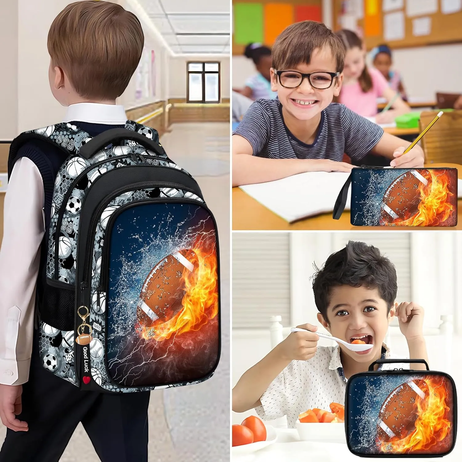 School Backpack for Boys - 4pcs American Football Boys Backpack with Lunch Box Set for Kids Children Teens Elementary Middle School - 17″ Sport Bookbag Travel Back Pack for Age 6-18