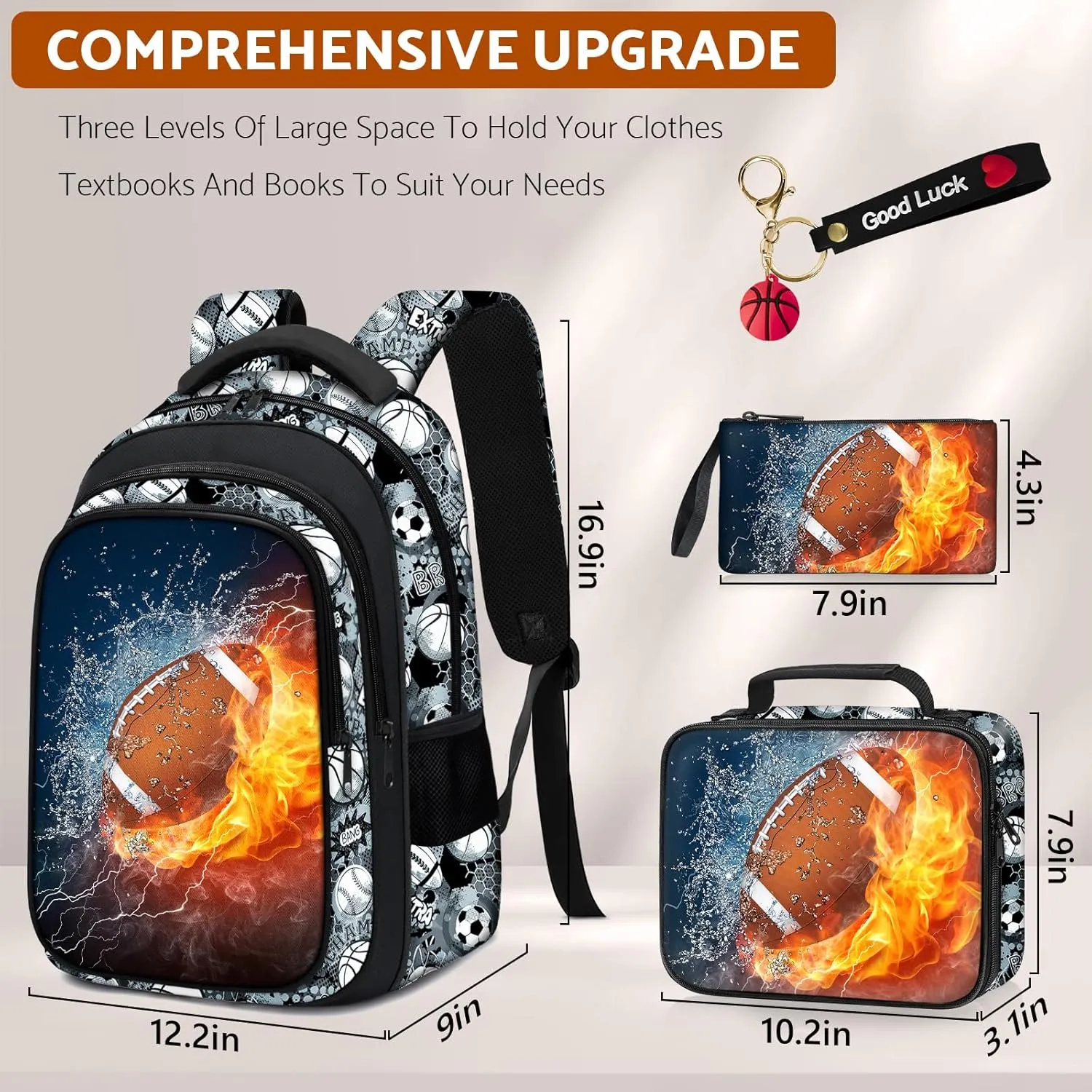 School Backpack for Boys - 4pcs American Football Boys Backpack with Lunch Box Set for Kids Children Teens Elementary Middle School - 17″ Sport Bookbag Travel Back Pack for Age 6-18