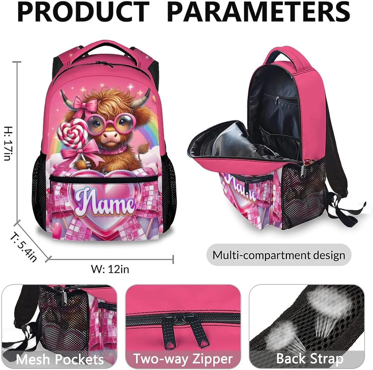 School Backpack for Kids, Custom 3Pcs Highland Cow Backpacks with Lunch Box and Pencil Case for Students Girls Teens Age 8-12, Large Capacity Bookbag and Pencil Case Bundle for School Travel