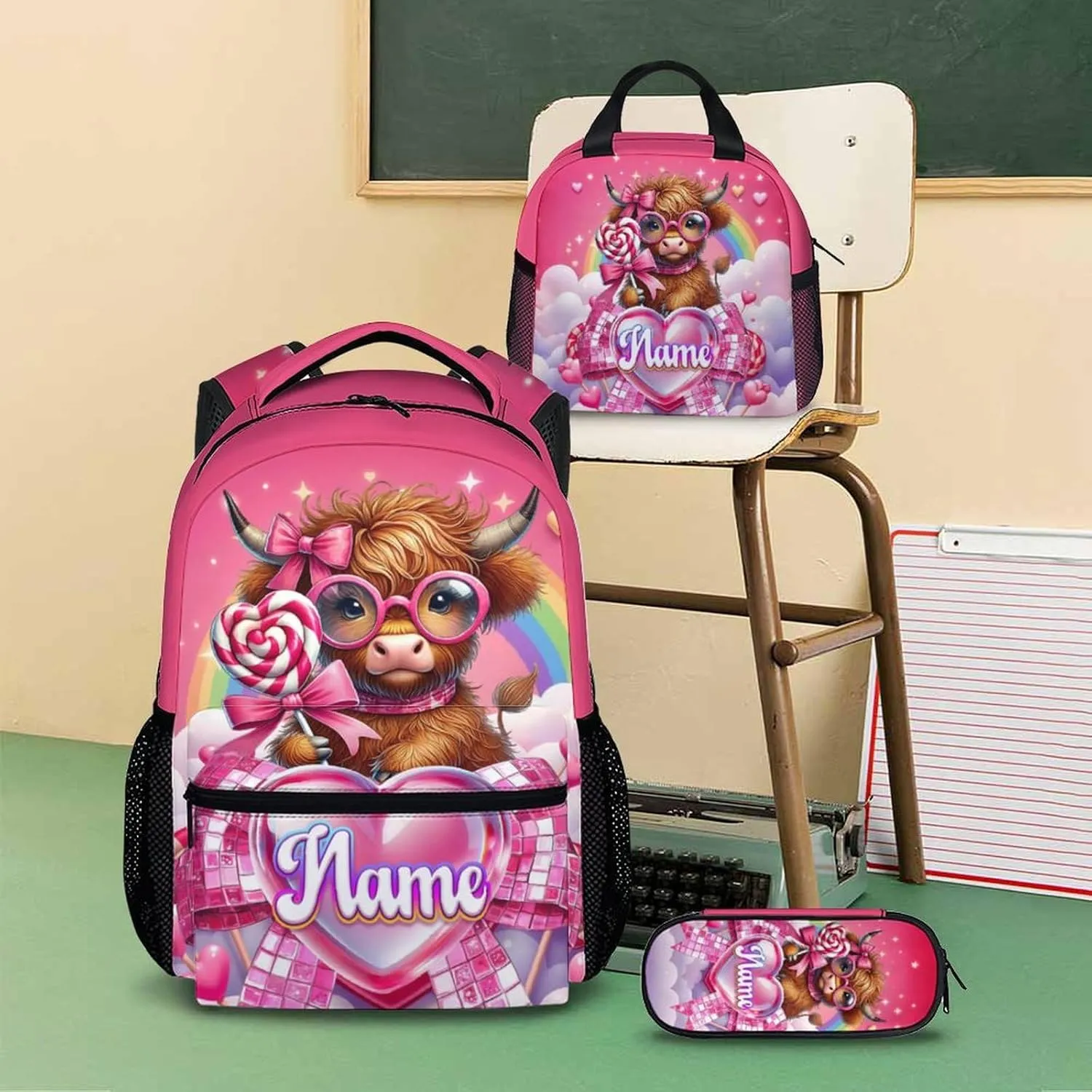 School Backpack for Kids, Custom 3Pcs Highland Cow Backpacks with Lunch Box and Pencil Case for Students Girls Teens Age 8-12, Large Capacity Bookbag and Pencil Case Bundle for School Travel
