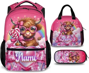 School Backpack for Kids, Custom 3Pcs Highland Cow Backpacks with Lunch Box and Pencil Case for Students Girls Teens Age 8-12, Large Capacity Bookbag and Pencil Case Bundle for School Travel