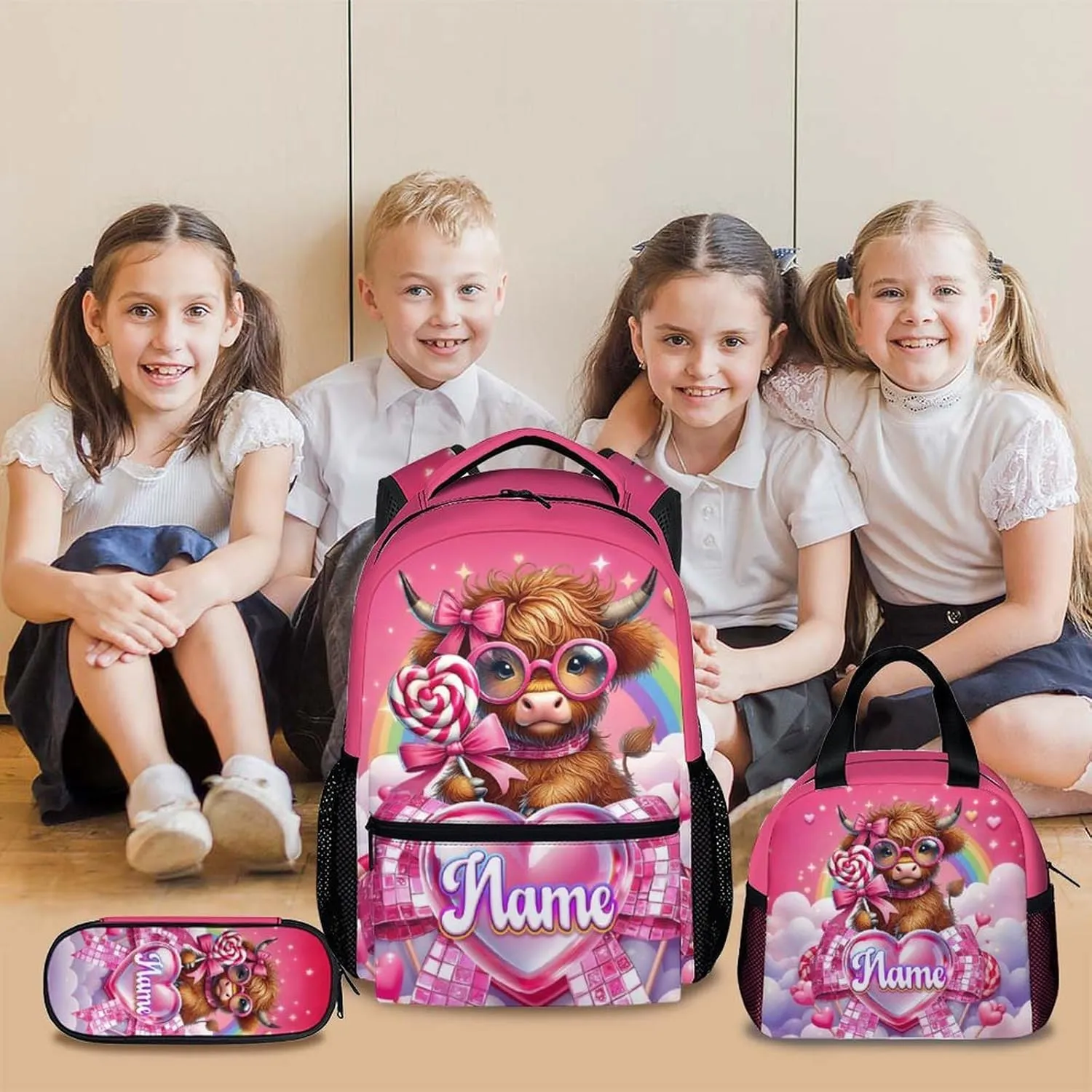 School Backpack for Kids, Custom 3Pcs Highland Cow Backpacks with Lunch Box and Pencil Case for Students Girls Teens Age 8-12, Large Capacity Bookbag and Pencil Case Bundle for School Travel