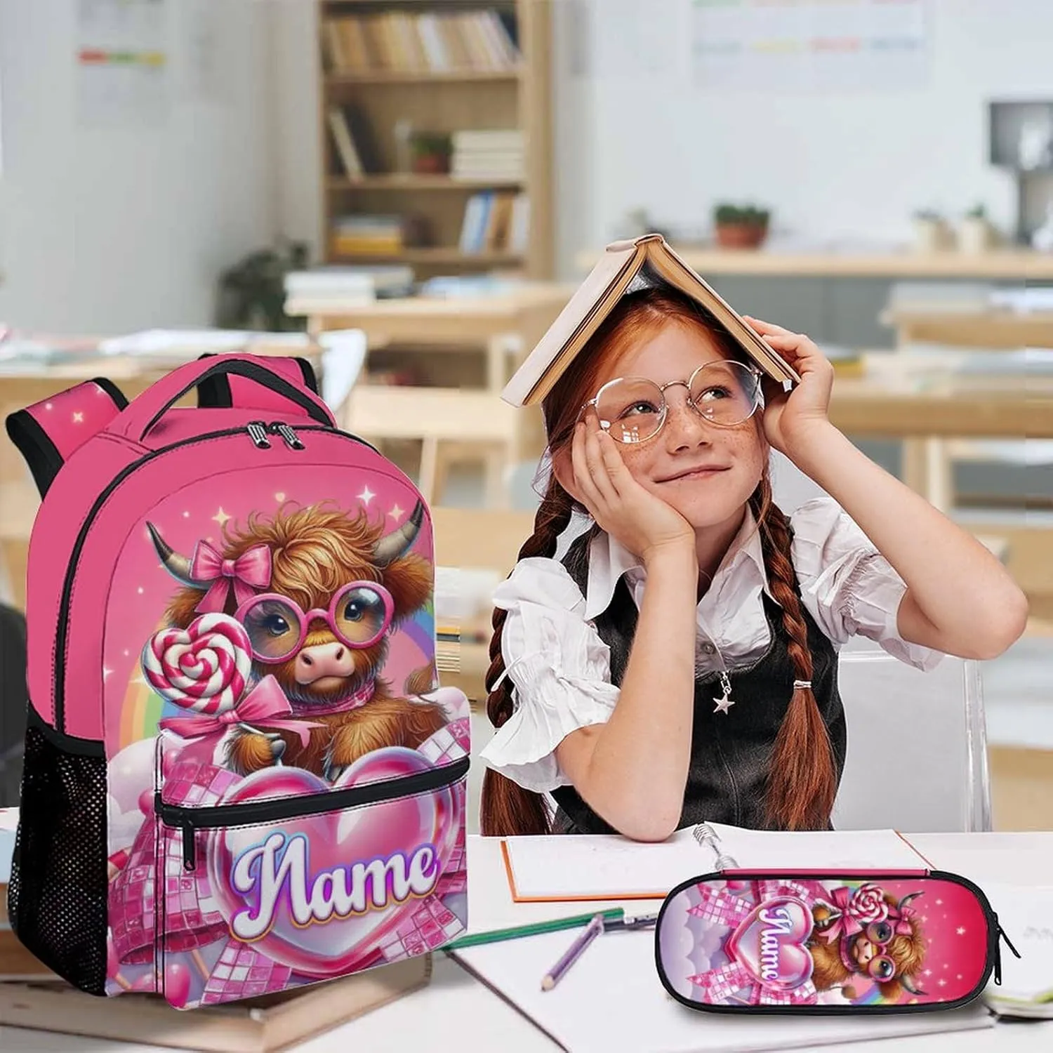 School Backpack for Kids, Custom 3Pcs Highland Cow Backpacks with Lunch Box and Pencil Case for Students Girls Teens Age 8-12, Large Capacity Bookbag and Pencil Case Bundle for School Travel