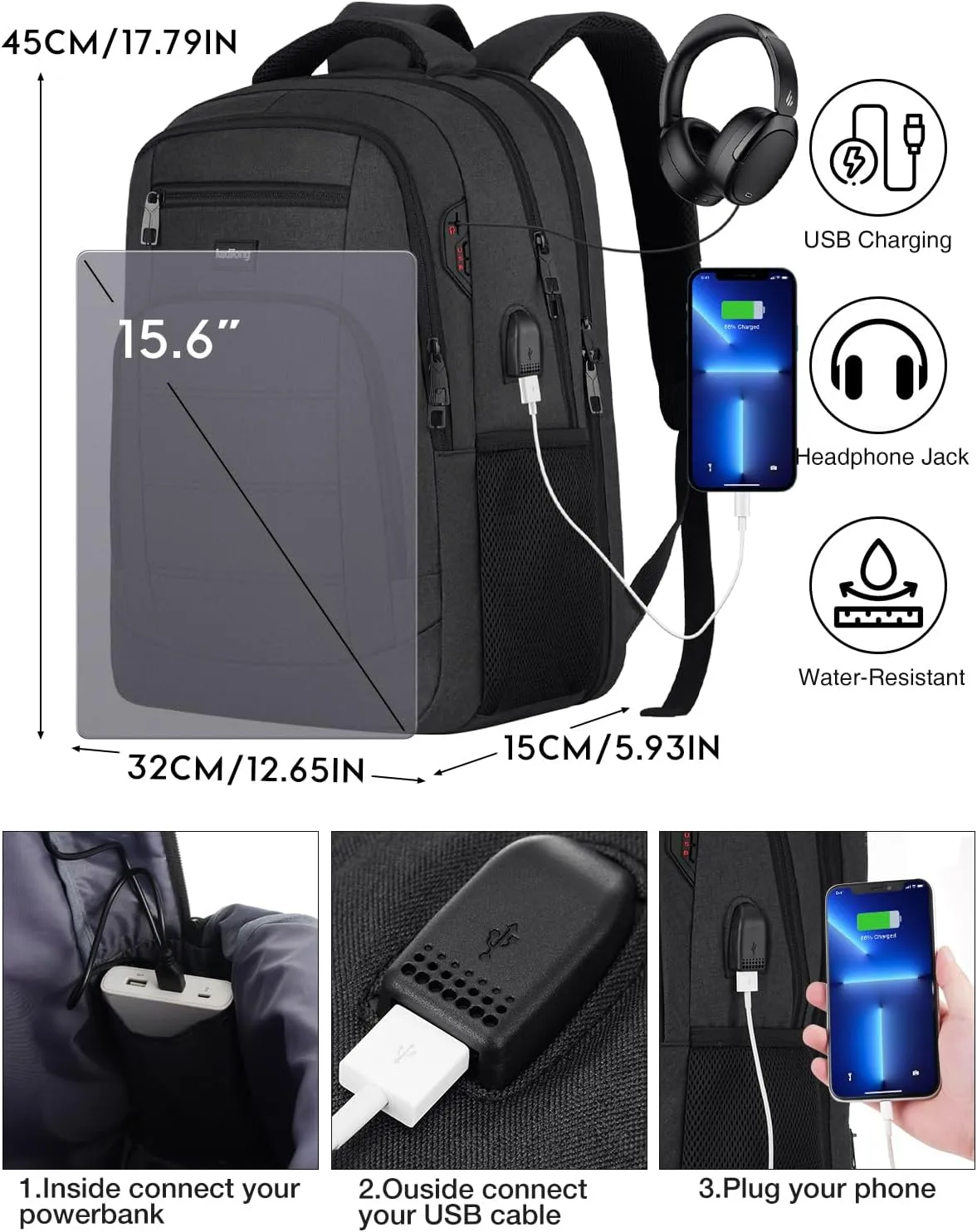 School Backpacks for Teen Boys Laptop Backpack Men,Bookbag College Computer Bag with USB Charging Port for Work Business Middle High School Student,Black