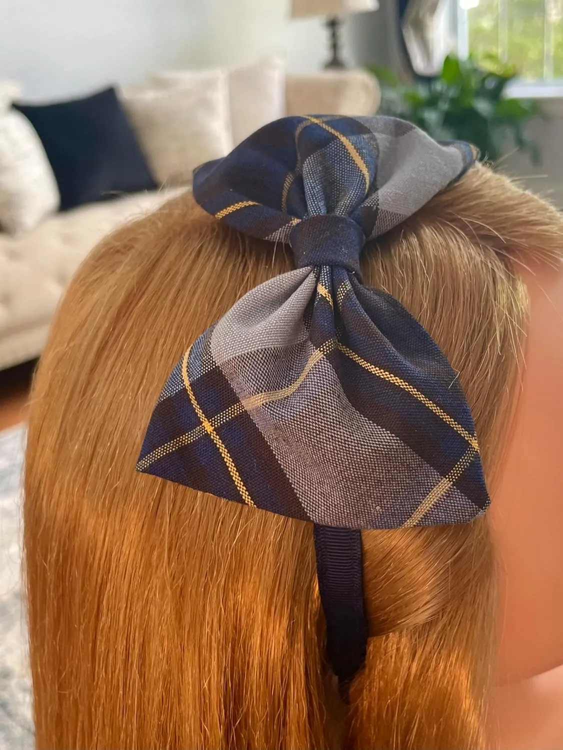 School Headband, Plaid bow headband, back to school, available in variety of school plaids (Plaid 57 Classic Navy Gold plaid, Regular)