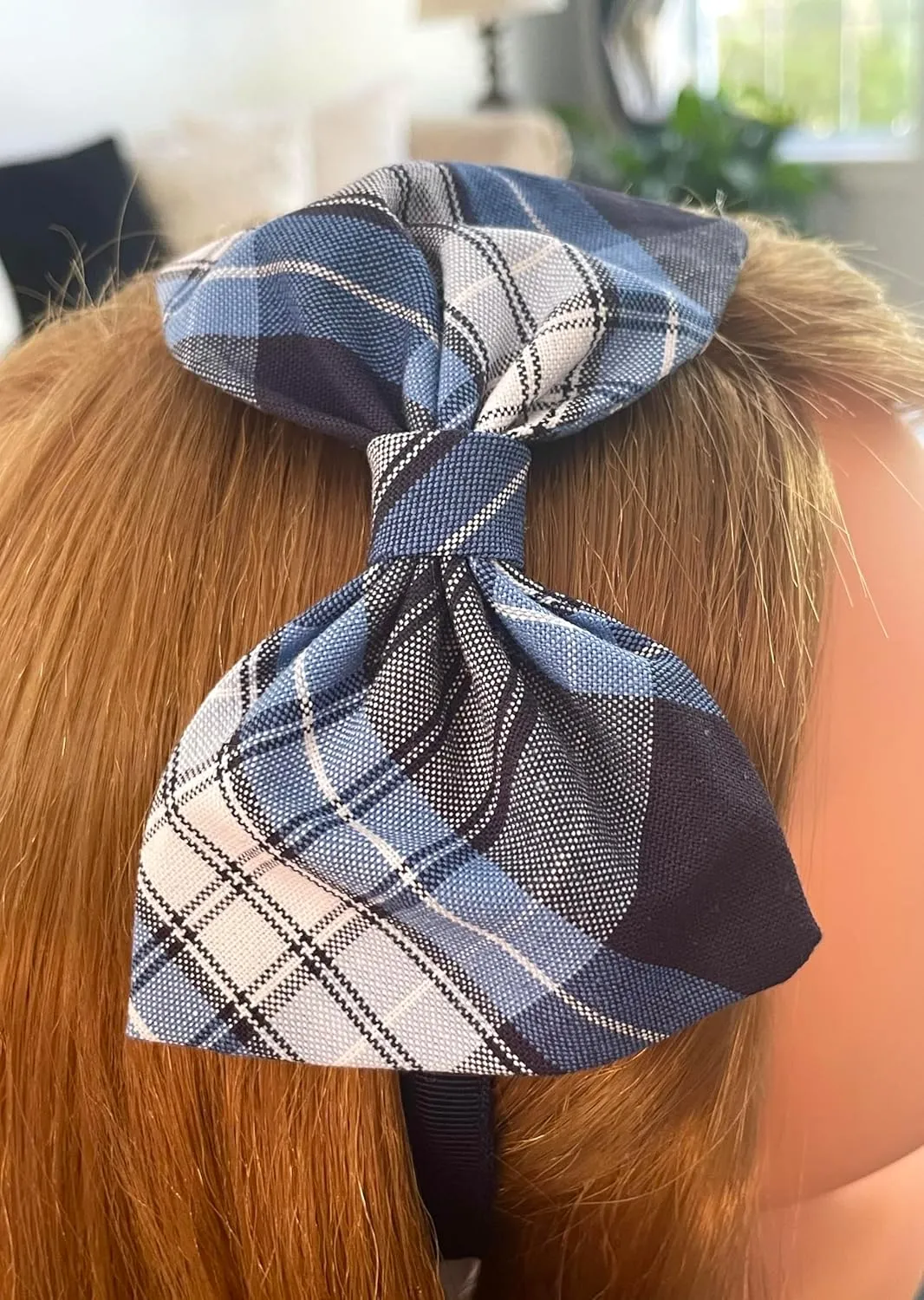 School Headband, Plaid bow headband, back to school, available in variety of school plaids (Plaid 76 Clear blue White Navy plaid, Regular)