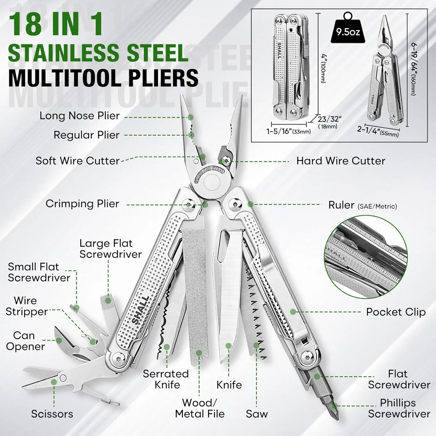 SHALL Multi Tool, 18-in-1 Multitool Pliers, Stainless Steel Multi-tool Pocket Knife w/Screwdriver Bit, Self-locking Multipurpose Tool w/Sheath for Camping Fishing Survival Hunting