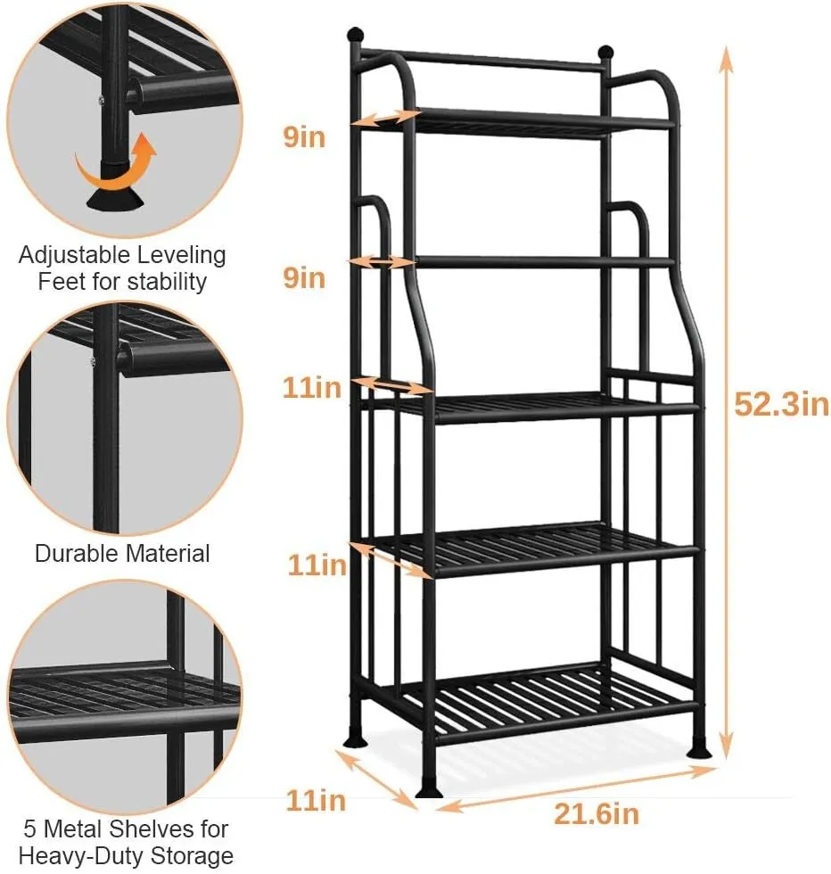 Shelving Unit Bakers Rack Metal Storage Shelves Laundry Shelf Organizer Standing Shelf Units for Laundry Kitchen Bathroom Pantry Closet Indoor and Outdoor (5 Tier, Black)