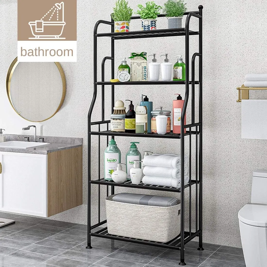 Shelving Unit Bakers Rack Metal Storage Shelves Laundry Shelf Organizer Standing Shelf Units for Laundry Kitchen Bathroom Pantry Closet Indoor and Outdoor (5 Tier, Black)