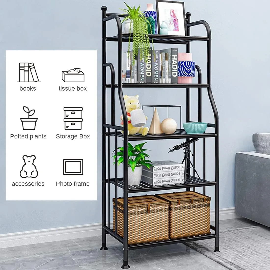 Shelving Unit Bakers Rack Metal Storage Shelves Laundry Shelf Organizer Standing Shelf Units for Laundry Kitchen Bathroom Pantry Closet Indoor and Outdoor (5 Tier, Black)