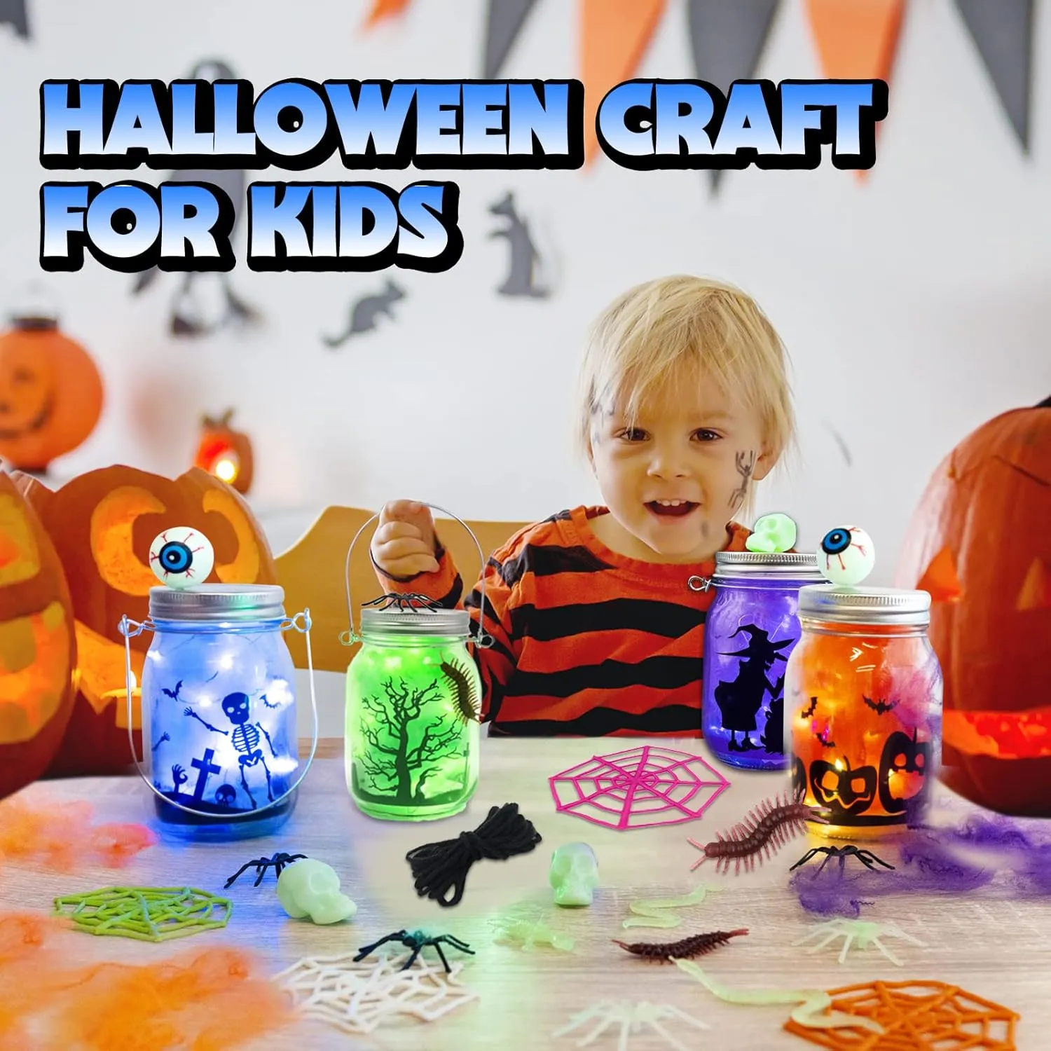 Shemira Halloween Craft Kit for Kids - 4 pc Glass Mason Jar DIY Lantern Jar Set, Party Supplies for Kids' Art Activities