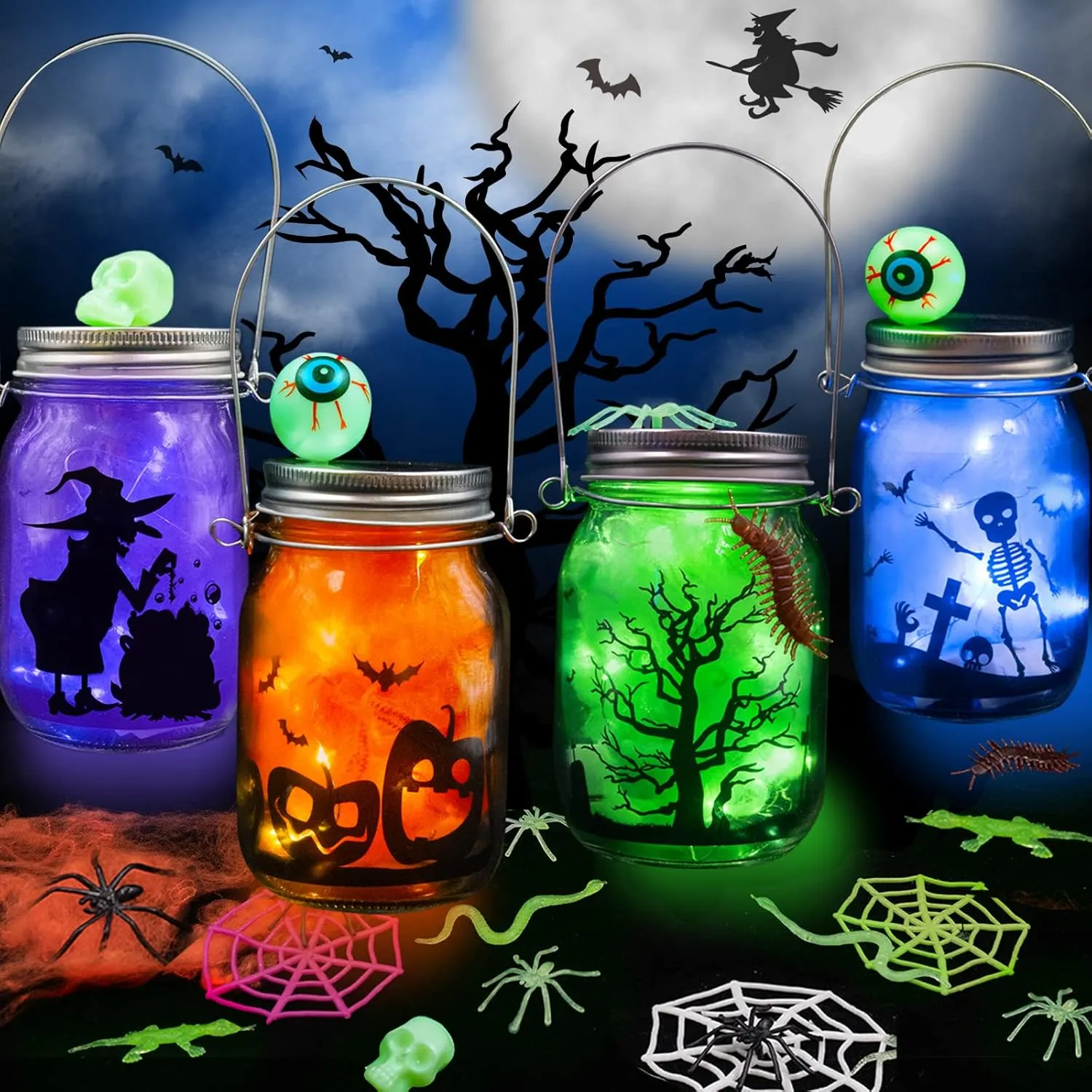 Shemira Halloween Craft Kit for Kids - 4 pc Glass Mason Jar DIY Lantern Jar Set, Party Supplies for Kids' Art Activities