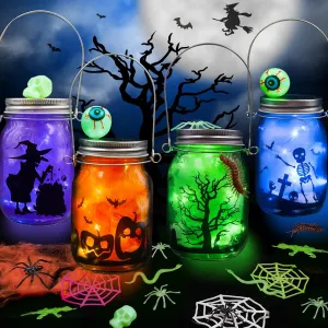 Shemira Halloween Craft Kit for Kids - 4 pc Glass Mason Jar DIY Lantern Jar Set, Party Supplies for Kids' Art Activities