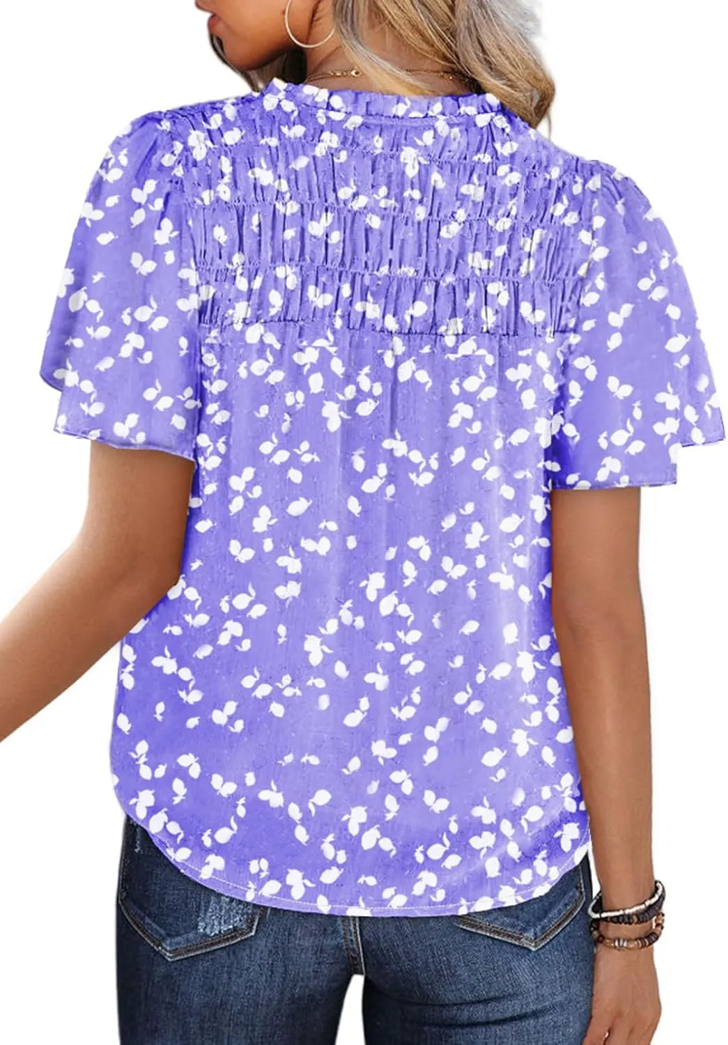 SHEWIN Women's Casual V Neck Floral Print Smocked Short Sleeve Chiffon Blouses Bohemian Top Shirts