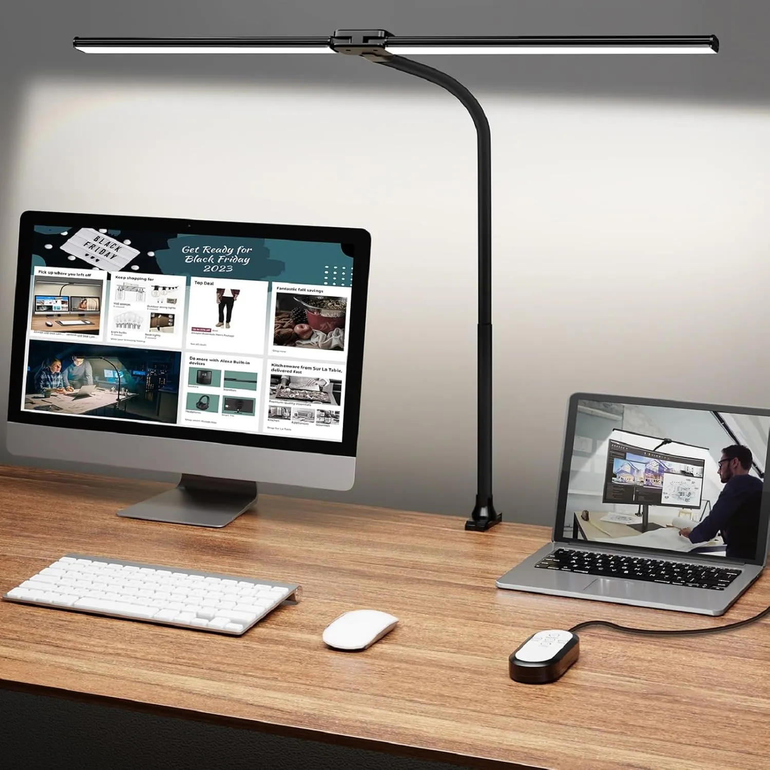 ShineTech Led Desk Lamp for Office Home, Bright Double Head Desk Light with Clamp, Architect Task Lamp 50 Lighting Modes Adjustable Flexible Gooseneck