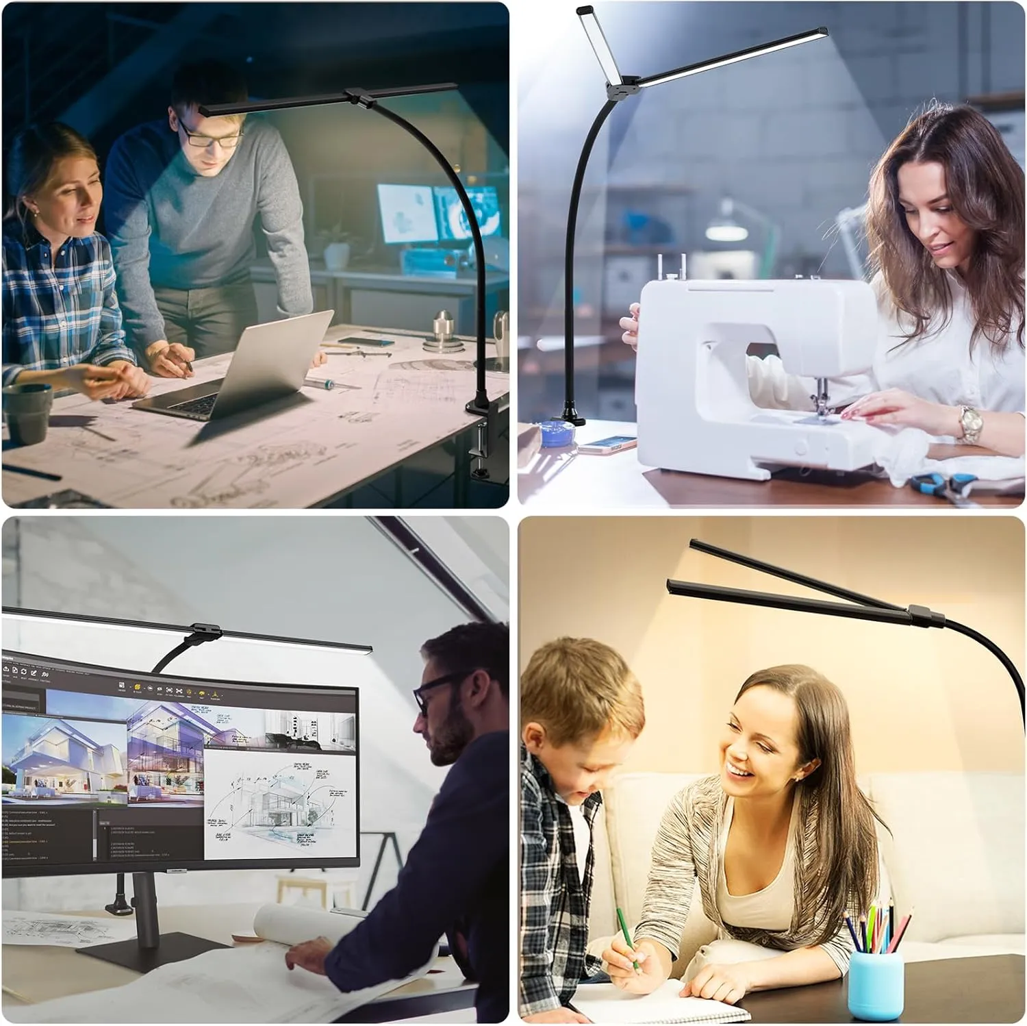 ShineTech Led Desk Lamp for Office Home, Bright Double Head Desk Light with Clamp, Architect Task Lamp 50 Lighting Modes Adjustable Flexible Gooseneck