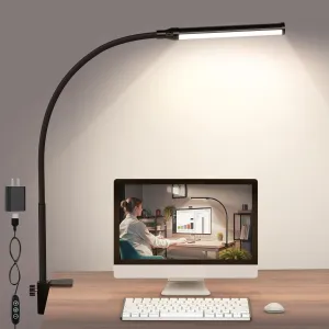 ShineTech LED Desk lamp with Clamp, 4000K Natural White 11 Brightness Level Eye-Caring Clip Lights for Home Office, Flexible Gooseneck USB Adapter, Black