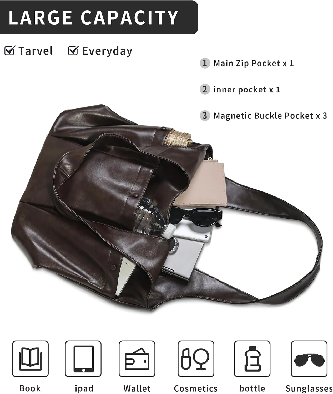 Shoulder Bag for Women - Tote Bag with 3 Deep Pocket PU Leather Hobo Bag with Zipper Closure Handbag for Work