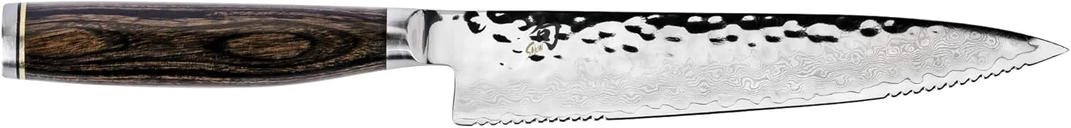 Shun Premier 6.5" Serrated Utility Knife, Handcrafted Japanese Knife, VG-MAX Core with Damascus Stainless Steel Cladding, Pakkawood Handle, Precision and Sharpness for Professional and Home Chefs