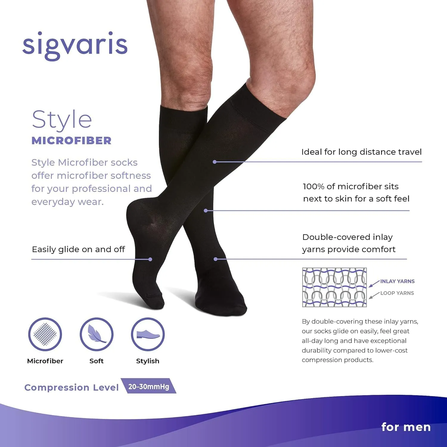 SIGVARIS Men’s Style Microfiber 820 Closed Toe Calf-High Socks 20-30mmHg - Tan Khaki - Small Long