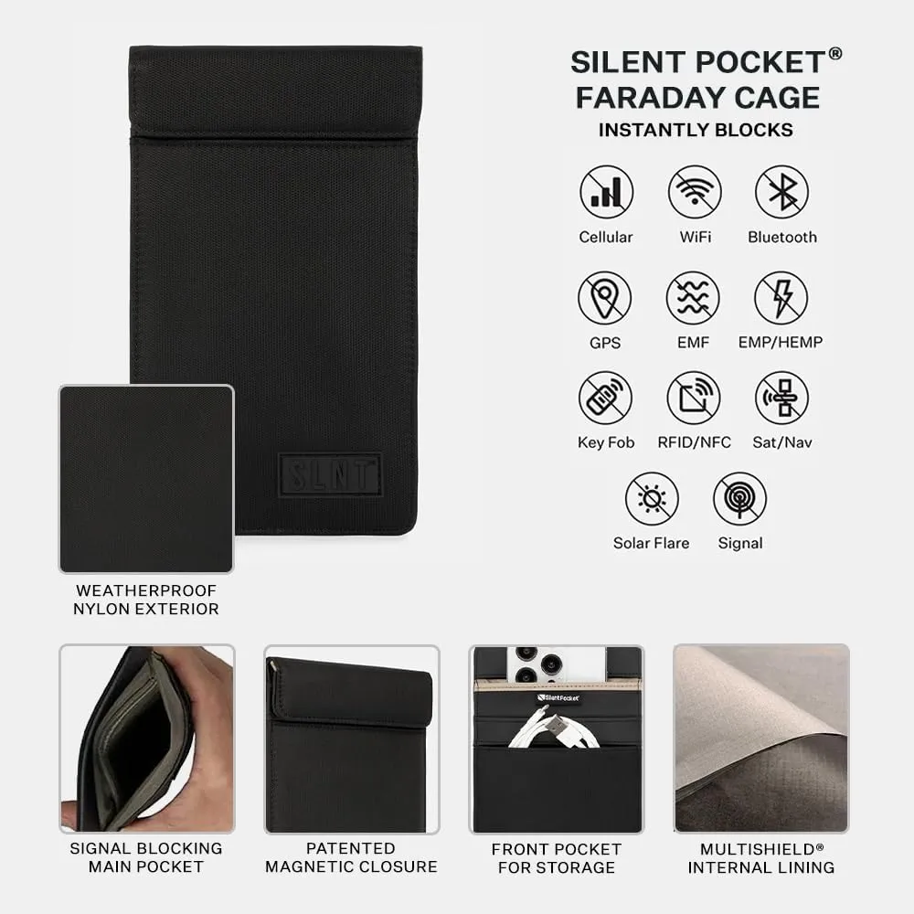Silent Pocket SLNT Faraday Bag Smartphone Sleeve Weatherproof Nylon, Signal Blocking Device Shielding for iPhone, Samsung Galaxy, Most Phones - Privacy & Anti-Hacking (Black, Medium Plus)