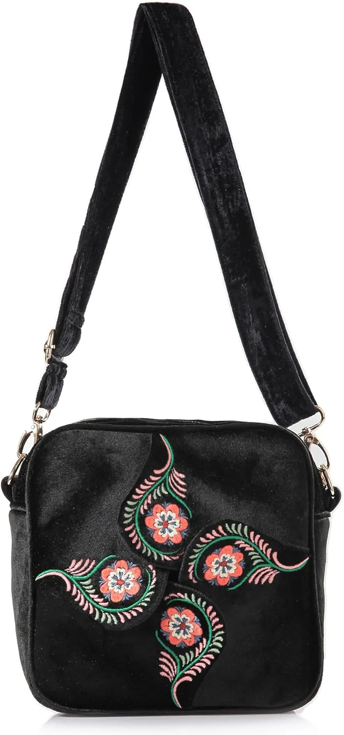 SILKAREA Crossbody Purse for Women Small Crossbody Bags Trendy Embroidered Velvet Shoulder Handbags with Adjustable Strap