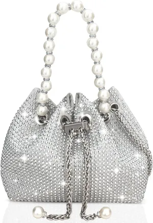 Silver Rhinestone Clutch Purse - Sparkly Silver Crystal Purse - Rhinestone Clutch Evening Bag - Small Handbag With Beaded Handle