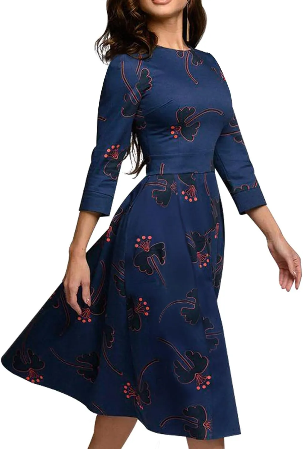 Simple Flavor Women's Floral Vintage Dress Elegant Midi Evening Dress 3/4 Sleeves