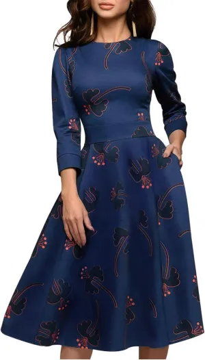 Simple Flavor Women's Floral Vintage Dress Elegant Midi Evening Dress 3/4 Sleeves