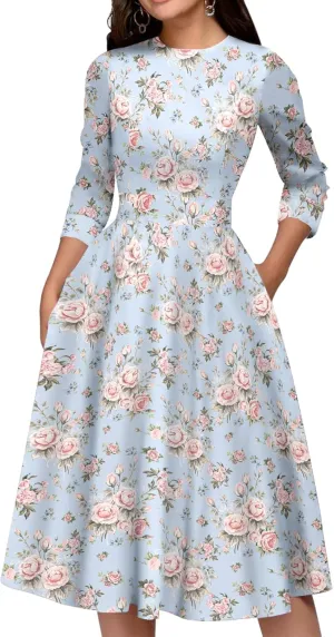 Simple Flavor Women's Floral Vintage Dress Elegant Midi Evening Dress 3/4 Sleeves