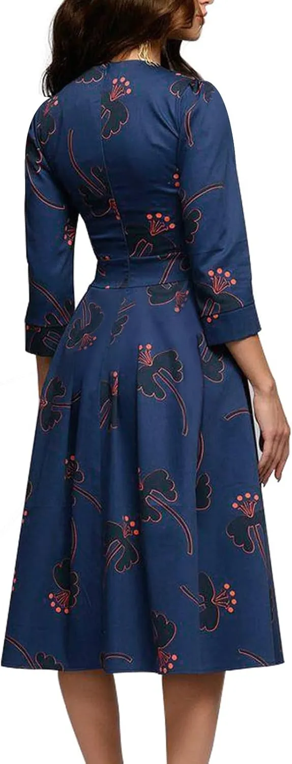 Simple Flavor Women's Floral Vintage Dress Elegant Midi Evening Dress 3/4 Sleeves