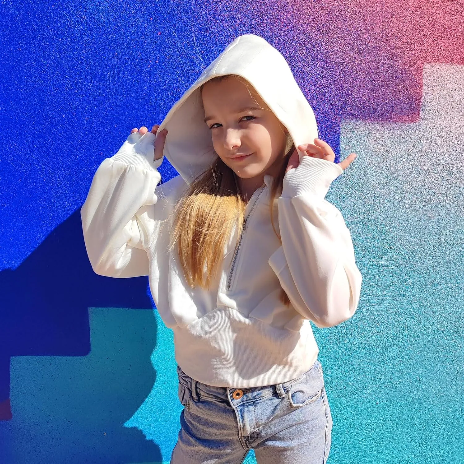 Simplee kids Cute Sweatshirts for Teen Girls Solid Pullover Half-Zip Hoodies 2024 Fall Tops 5-14T