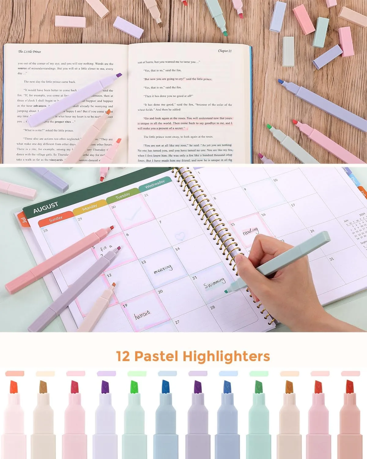 SKYDUE Cute School Supplies 44 PCS, Aesthetic Pencil Case with 12 Pastel Highlighters, 5 Black Gel Pens, 6 Color Gel Pens & Mechanical Pencils, College Essentials Students Stationary Set Purple