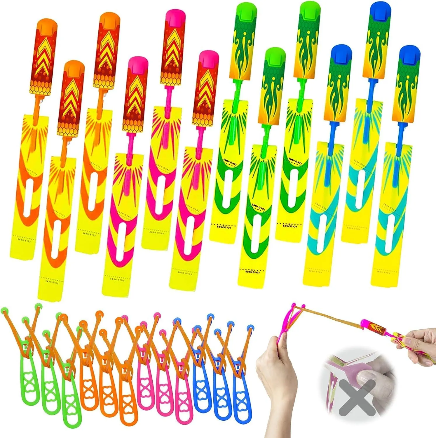 Slingshots Rocket Launcher for Kids, Finger Rocket Flying Copter with Led Lights- Flying Rockets Toys Summer Activities Camping Games Party Favor Gifts for Boys Girls Age 3  (12 Pack)