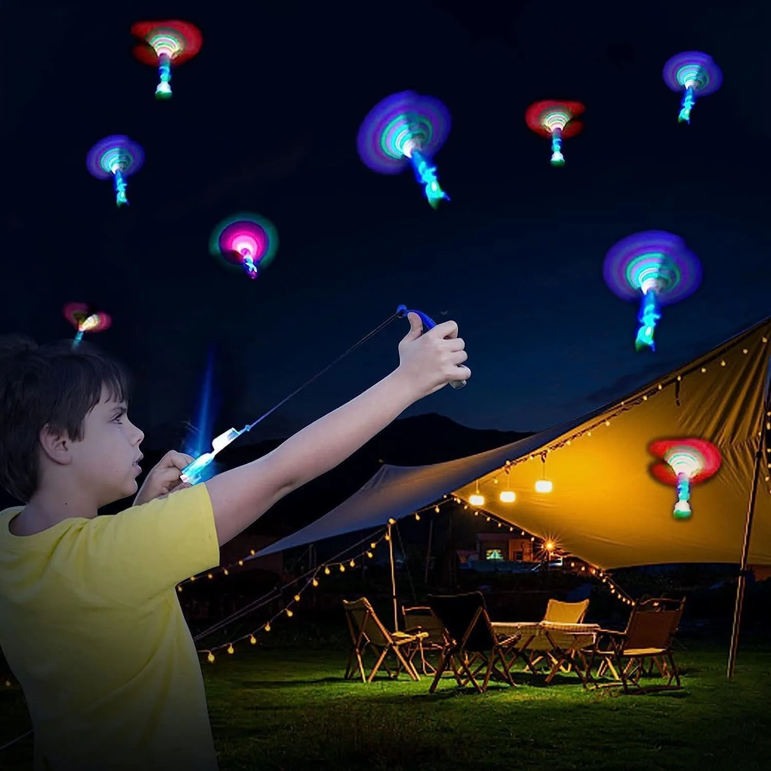 Slingshots Rocket Launcher for Kids, Finger Rocket Flying Copter with Led Lights- Flying Rockets Toys Summer Activities Camping Games Party Favor Gifts for Boys Girls Age 3  (12 Pack)