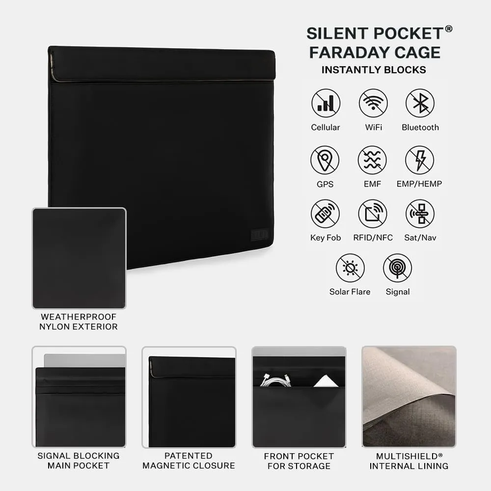 SLNT Weatherproof Nylon Faraday Bag with Silent Pocket Technology - Signal Blocking Device Sleeve for 13 inch and 15 inch Laptops and Tablets, Provides Instant Protection (Black, 13 inch)