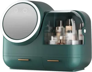 Smart Makeup Mirror LED Cosmetic Storage Box Large-Capacity Finishing Dressing Table USB Rechargeable 3-Level Dimming Makeup Mirror for Women Gifts (Color :) (Green)