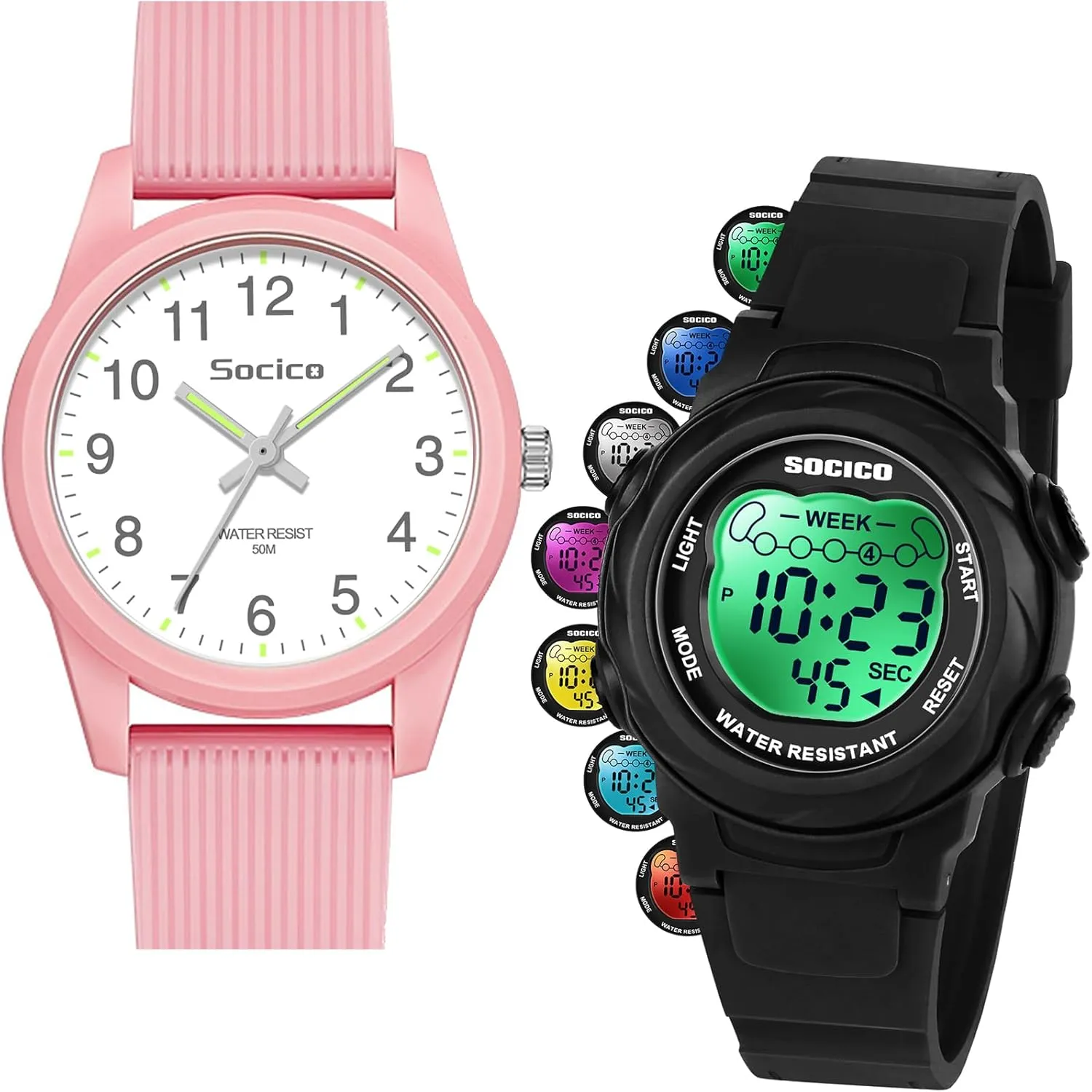 SOCICO Kids Watches for Boys & Girls – Digital 7 Color Lights, Stopwatch, Alarm & Analog Easy Time Learning – 50M Waterproof, Soft Durable Bands, Great Gift for Ages 4-12