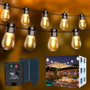 Solar Lights Outdoor Waterproof IP66 with 15 LED Shatterproof Edison Bulb,2500mAh Battery Solar Panel USB-C,Indoor/Outside LED String Lights 40FT,Warm White 3000K, 8 Modes Decor Patio Garden Camping
