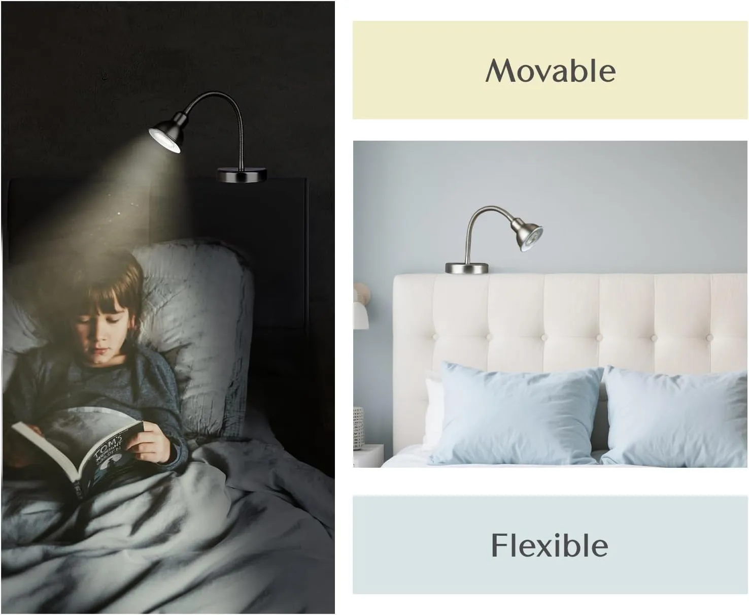 Solfres Patented Innovative Design Headboard Reading Light. No Drilling Golden Book Light for Bedtime Reading. Dimmable LED Book Reading Lamp with Bulb. Movable & Flexible, Silver