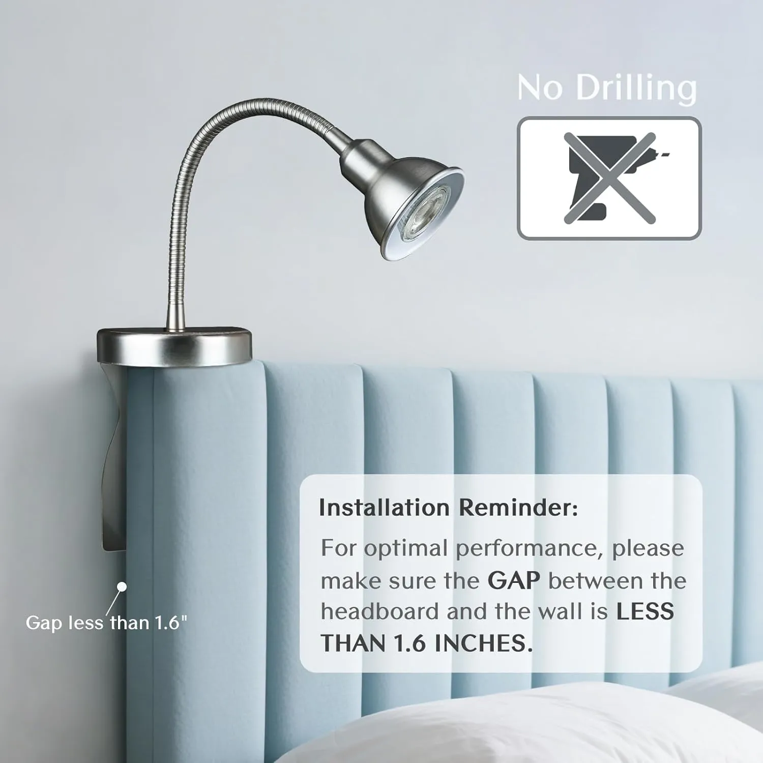 Solfres Patented Innovative Design Headboard Reading Light. No Drilling Golden Book Light for Bedtime Reading. Dimmable LED Book Reading Lamp with Bulb. Movable & Flexible, Silver