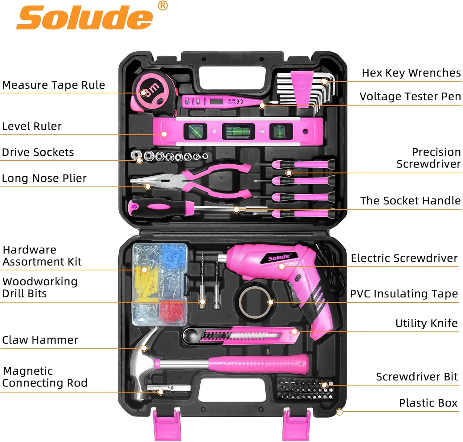 SOLUDE Pink Tool Set,130 Piece Home Tool Kit for Women with 3.6V Cordless Rechargeable Screwdriver,Basic Toolkits for New House,Apartment,Dorm & DIY Projects
