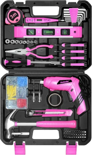 SOLUDE Pink Tool Set,130 Piece Home Tool Kit for Women with 3.6V Cordless Rechargeable Screwdriver,Basic Toolkits for New House,Apartment,Dorm & DIY Projects